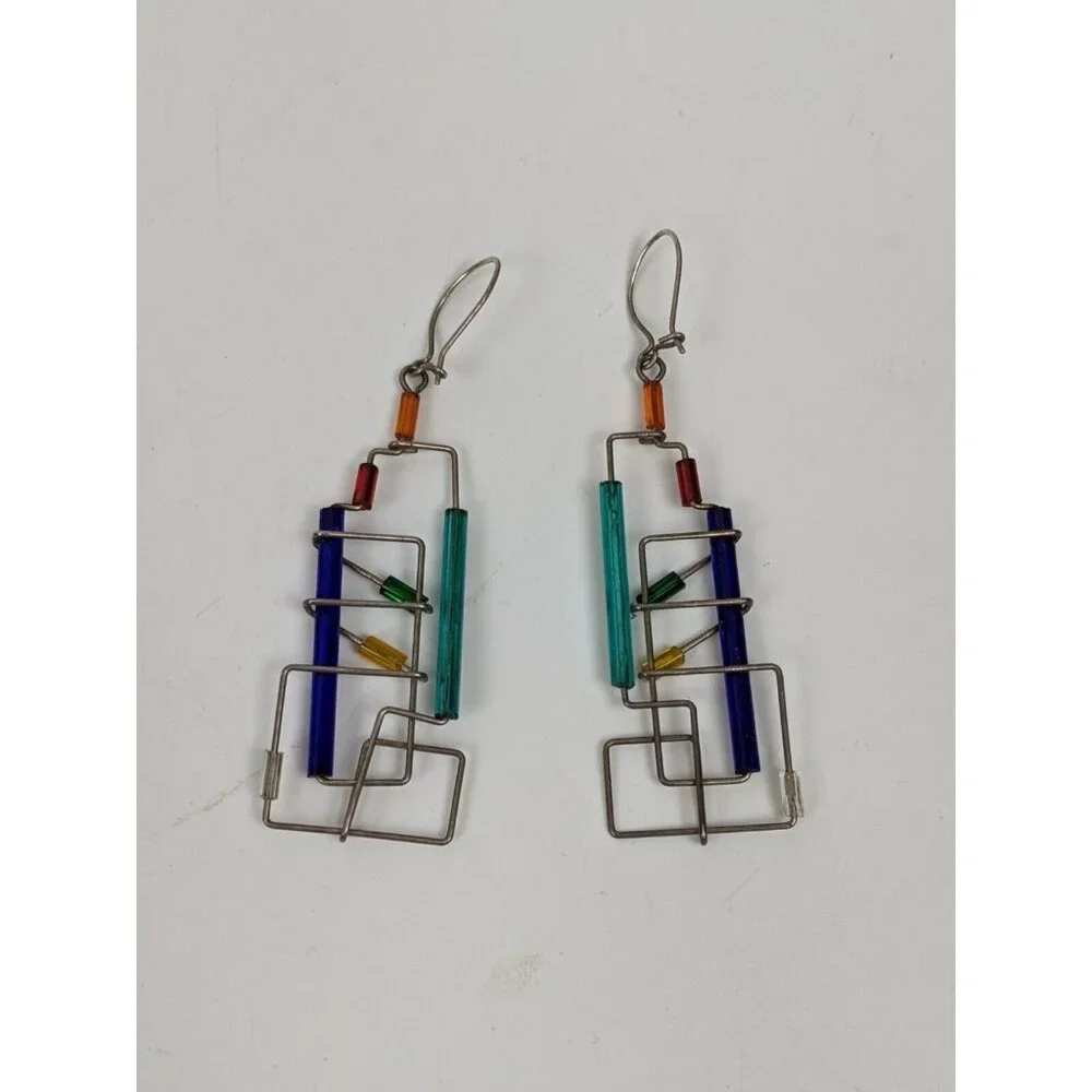 Vintage Barbie Levy Barb Wire Art Pierced Dangling Blue Green Abstract 1980s - Picture 2 of 6